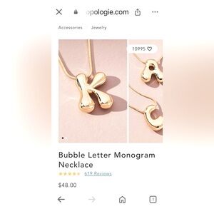 NWT Anthropologie 14 Karat Gold Plated Bubble Letter Monogram Necklace